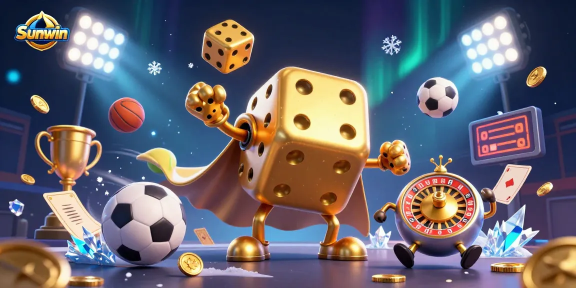 Engage with thrilling games at Sunwin, featuring a lively scene with golden dice and sports elements.