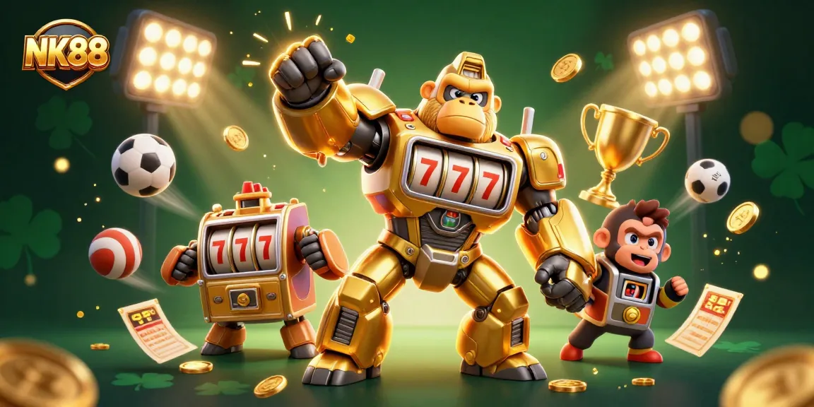 Experience the thrill of NK88 with a dynamic illustration of a golden gorilla mech celebrating big wins in a vibrant casino environment.