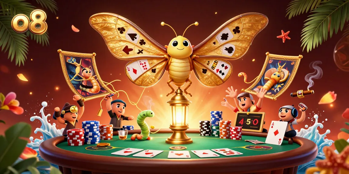 Engage with the thrilling casino world at o 8 featuring a majestic moth and vibrant poker elements.