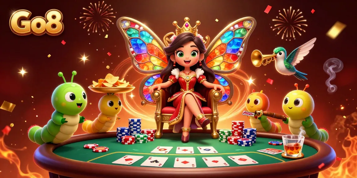 Engage in Go8's vibrant casino scene featuring a butterfly queen, poker elements, and joyful celebration.
