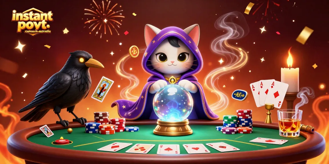 Experience instant payout casinos in Australia with a mystical scene of casino elements, featuring a fortune teller and a raven.
