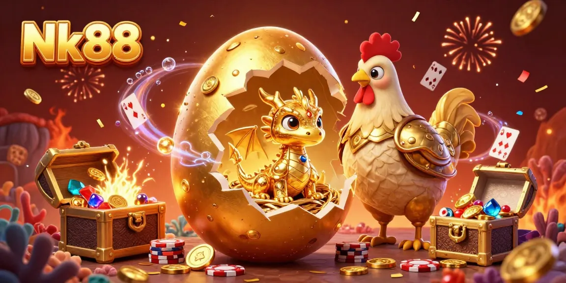 Nk88 cracks open a golden egg revealing a dragon in a poker chip nest, illustrating casino excitement.