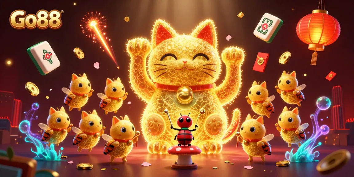 Experience thrilling gaming at Go88 with a charming lucky cat and vibrant symbols.