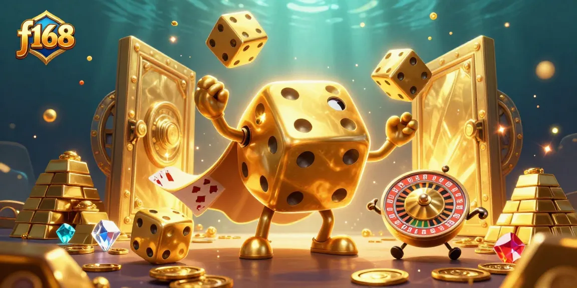 Experience the excitement of f168 with dynamic golden dice and treasures in a vibrant 3D casino scene.