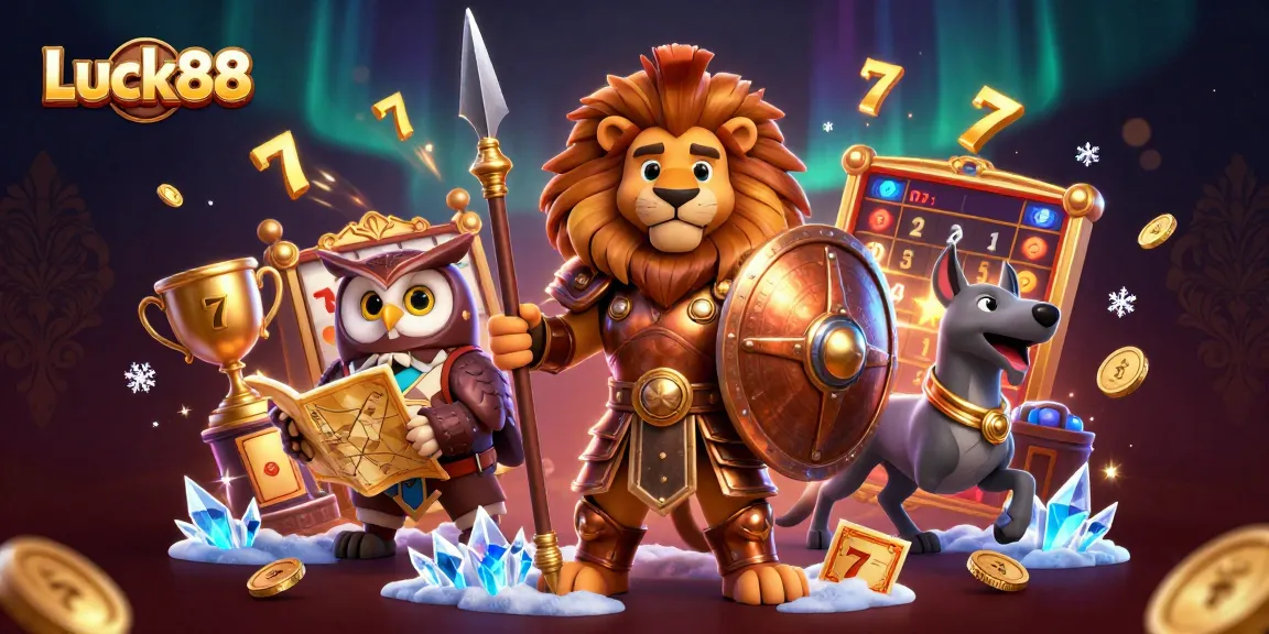 Experience Luck88 with dynamic choices in this vibrant casino-themed illustration showcasing slot reels and heroic characters.
