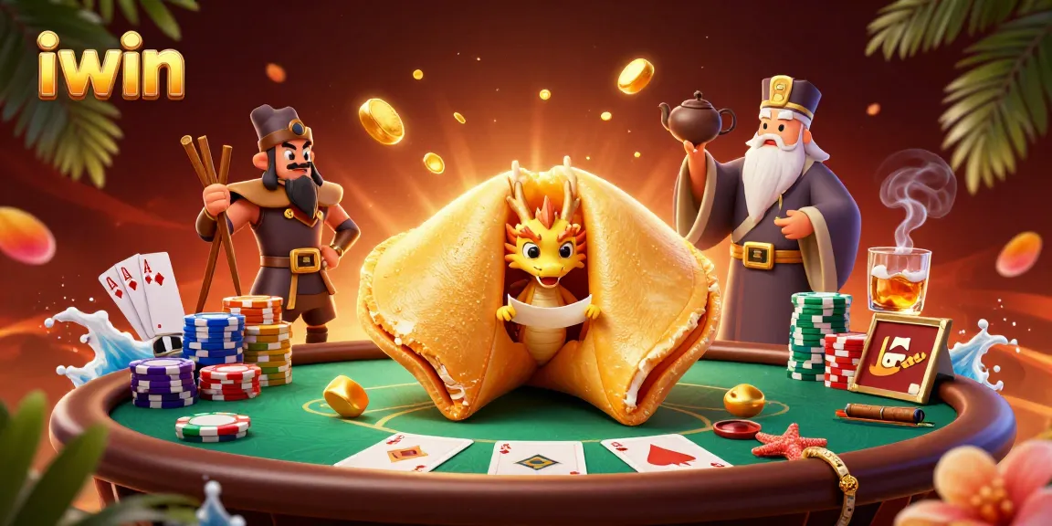 Play in style with iwin: elegant poker scene featuring a golden fortune cookie and a wise dragon.