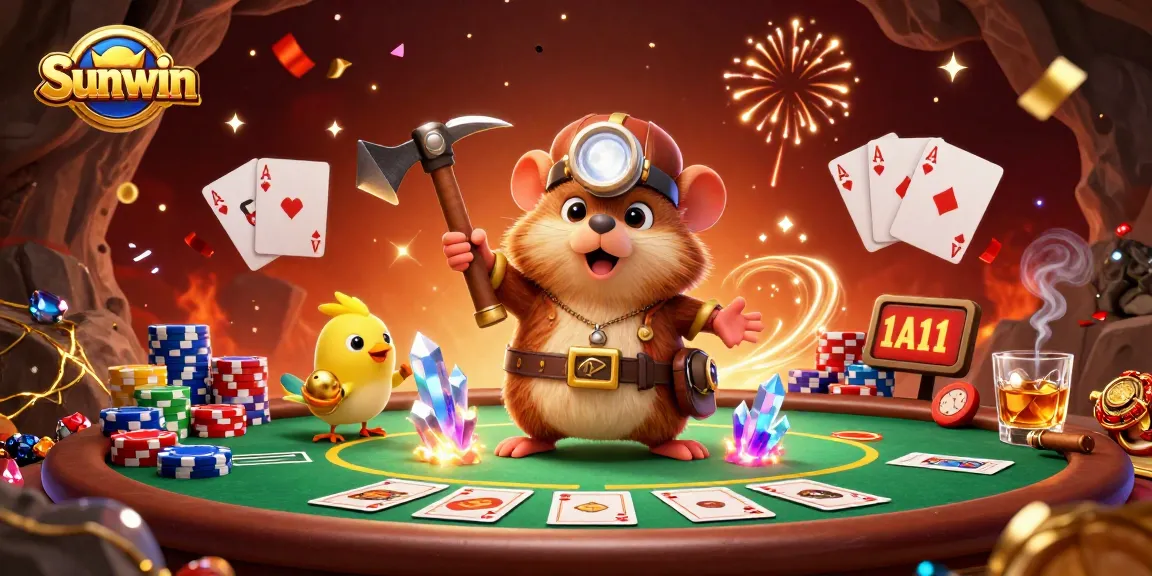 Experience thrilling gameplay at Sunwin with vibrant poker action and celebratory elements in a rich casino setting.