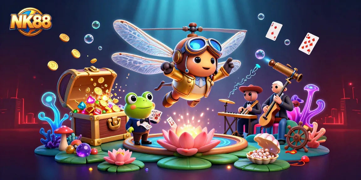 Engage in thrilling gaming at NK88 with a vibrant 3D casino scene featuring dynamic characters and exciting elements.