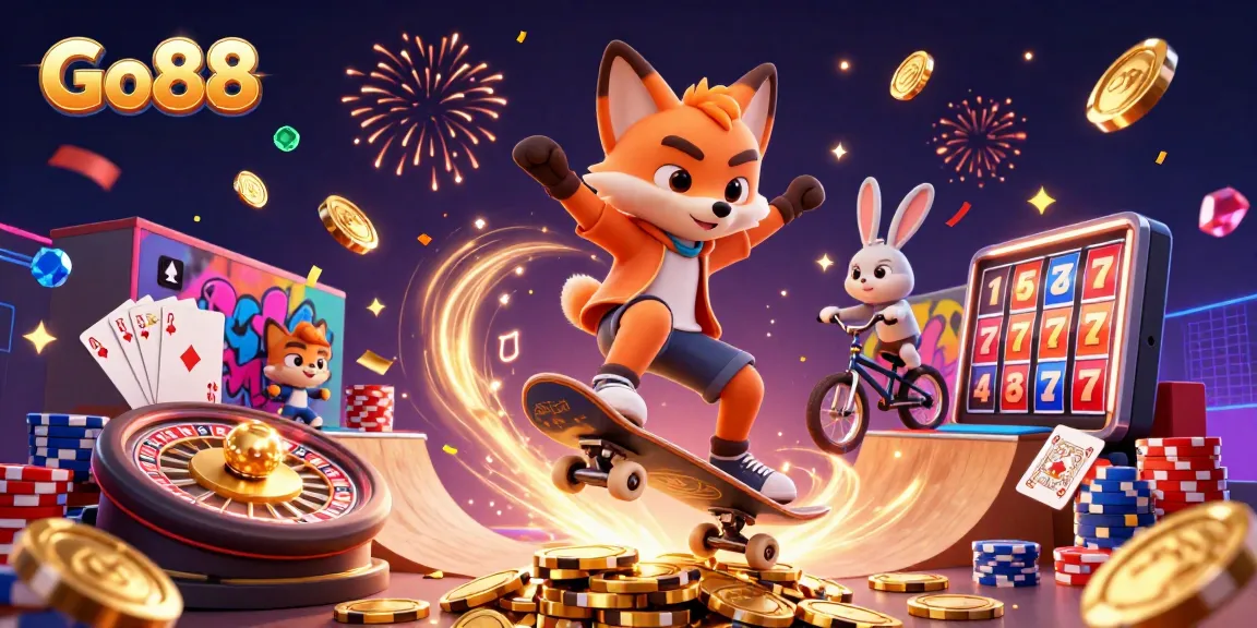 Go88 players earn rewards while enjoying vibrant casino games in a colorful 3D illustration.