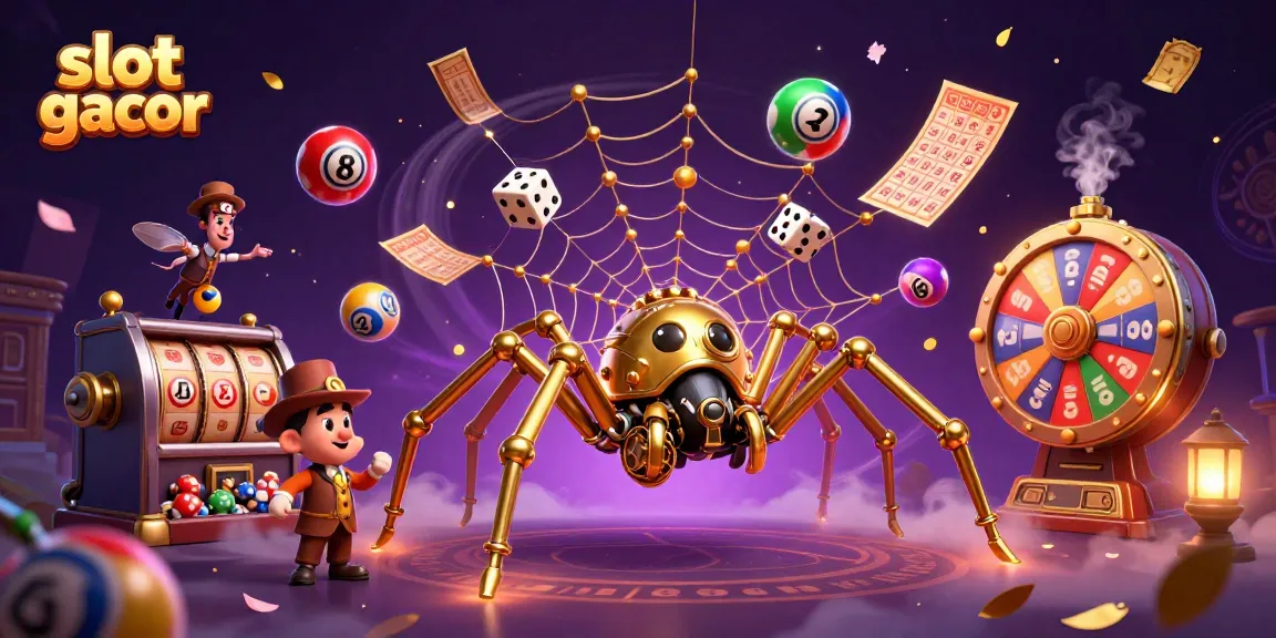 Experience thrilling wins with slot gacor, featuring a steampunk spider in a casino-themed scene.