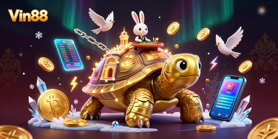 Engage with Vin88's vibrant casino world featuring a golden tortoise and dynamic gaming elements.