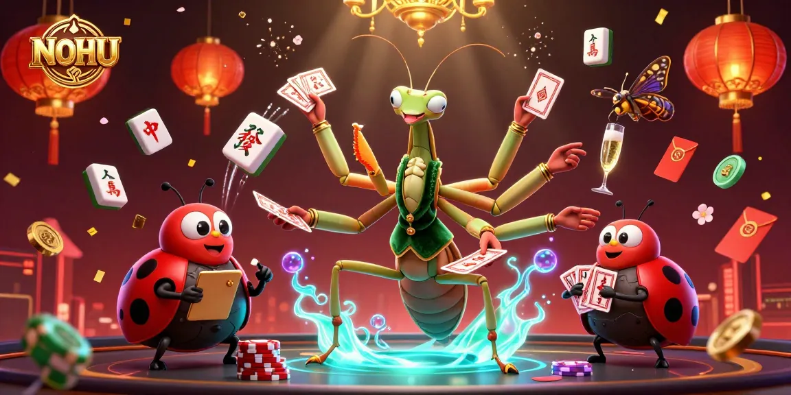 Engage in winning strategies with NOHU at a vibrant casino scene featuring dynamic characters and games.