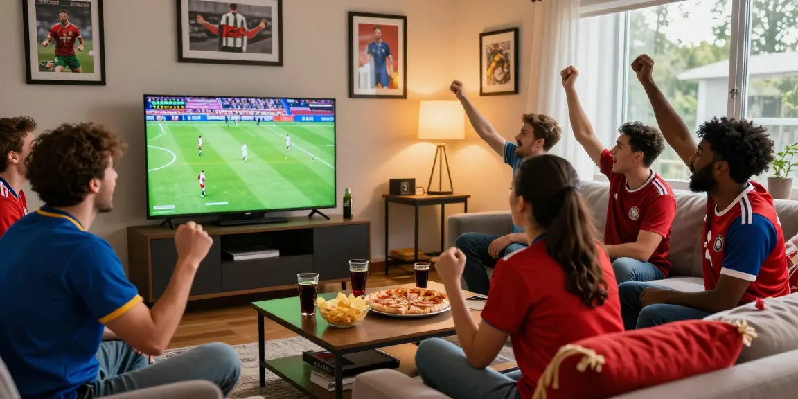 Friends enjoying sports match at home, vibrant atmosphere to visit website for live updates.