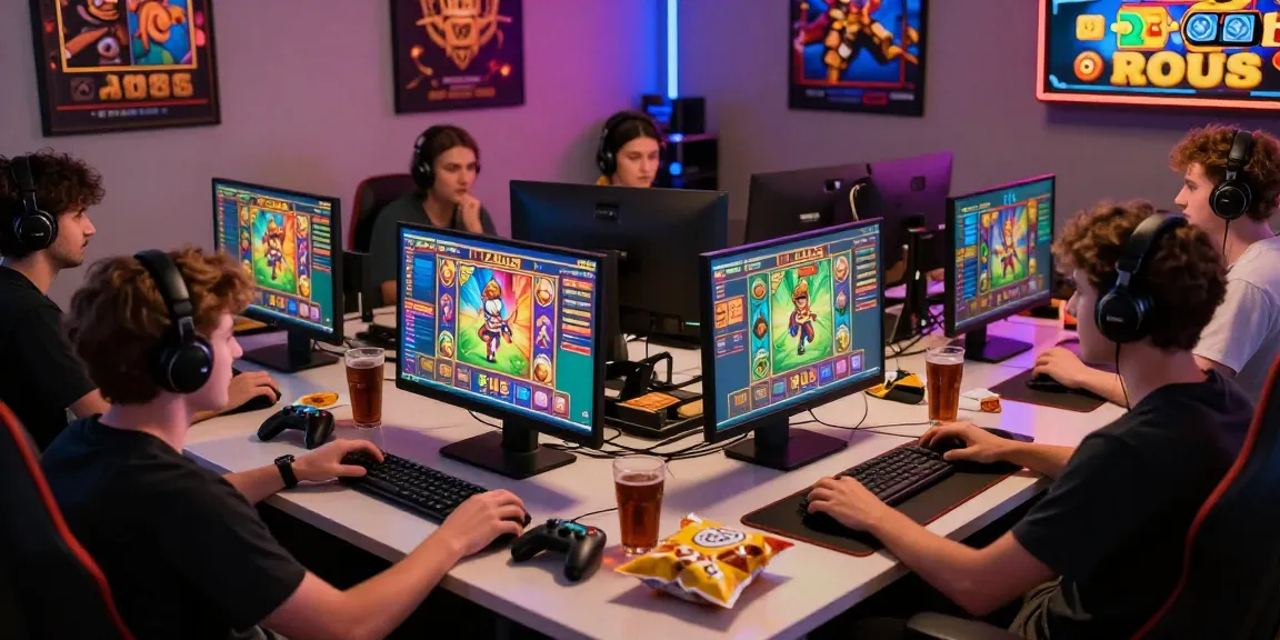 Excited players enjoying zeus slot games on multiple devices in a vibrant gaming room