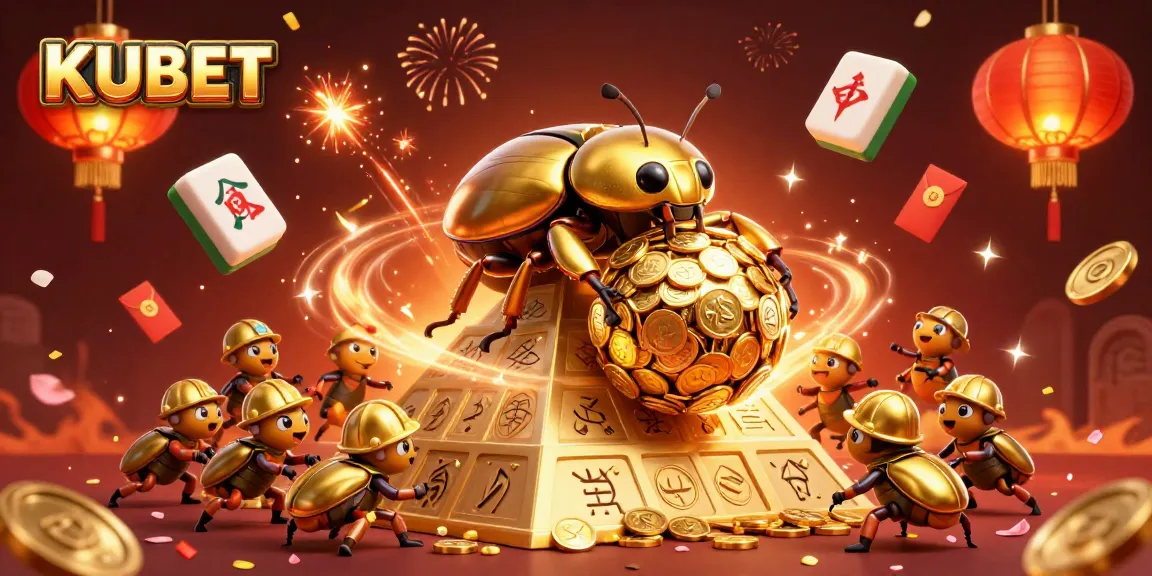 KUBET brings excitement with a golden beetle rolling coins at a vibrant casino pyramid scene.