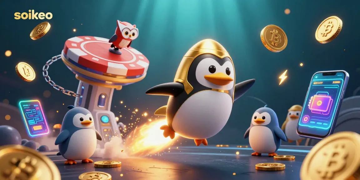 Experience thrilling moments with soikeo as the golden penguin zooms toward a casino spaceship.