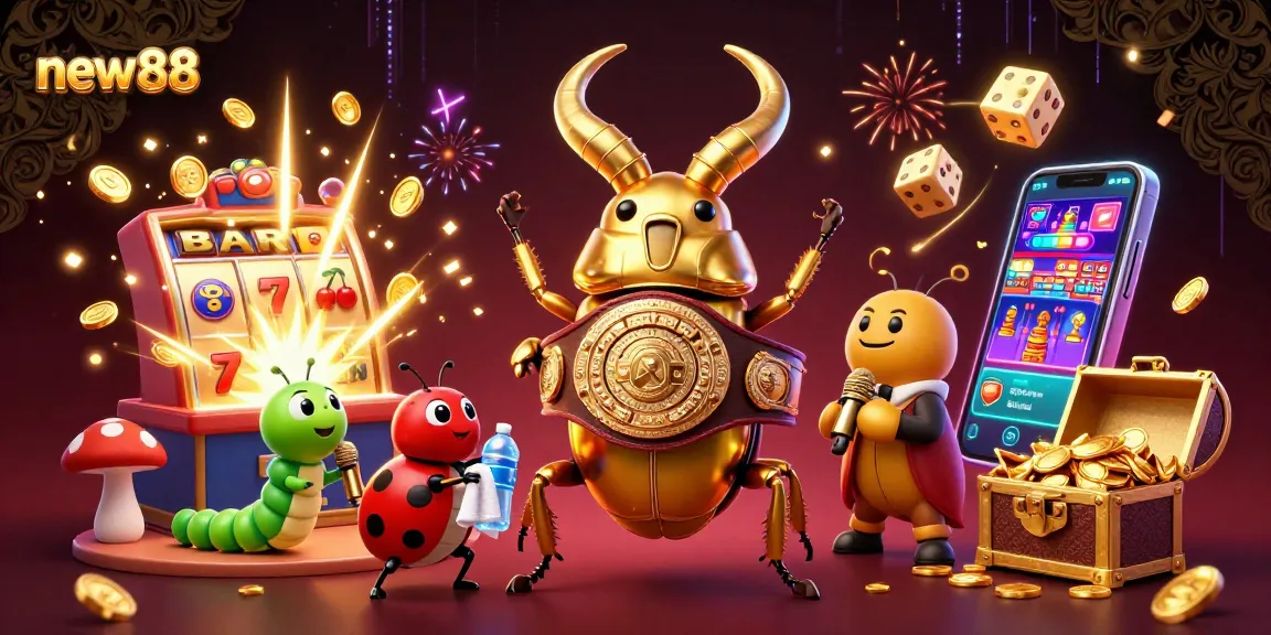 Engage with new88's vibrant casino scene showcasing a betting challenge with dynamic characters and slot machines.