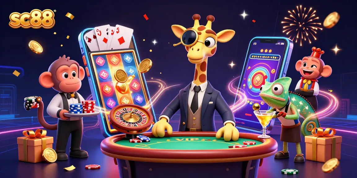 Experience exhilarating winning moments at sc88 with a high-roller giraffe and a lively casino scene.