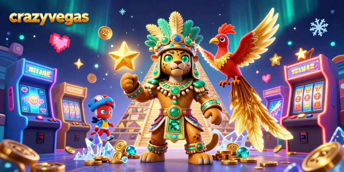 Experience crazyvegas with a vibrant 3D casino scene featuring a Mayan jaguar priest amidst colorful gaming icons.