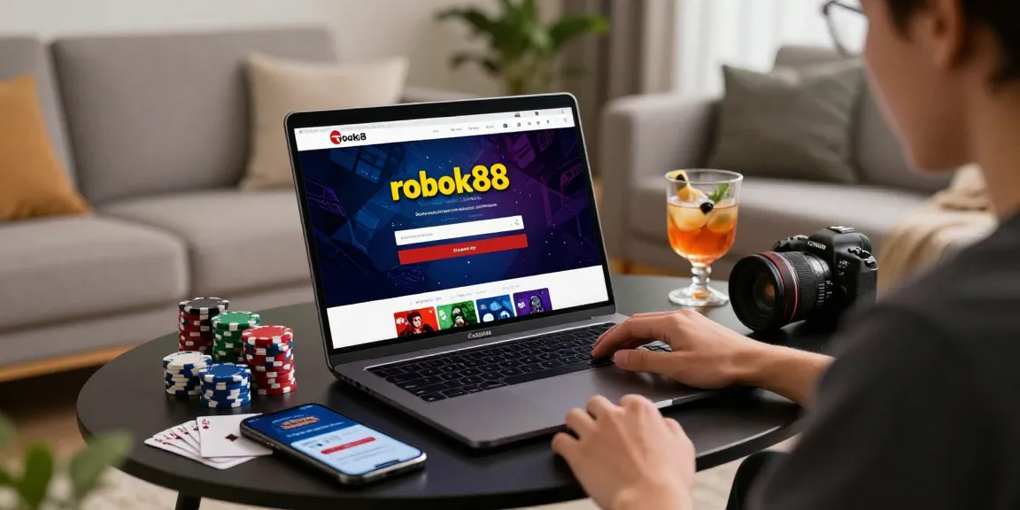 User engaged in rokok88 login on a laptop in a cozy living room with gaming elements.