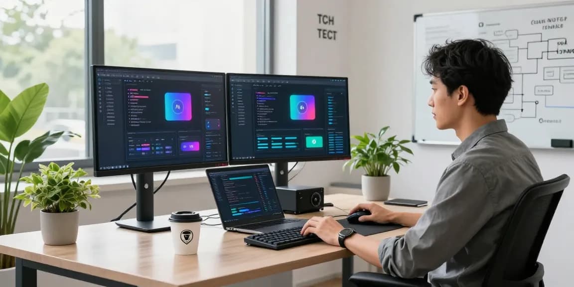 Developer showcasing best AI tools in a modern workspace with dual monitors.