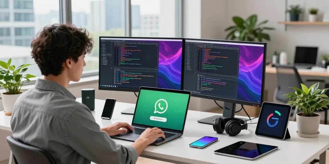 Efficient workspace scene illustrating WhatsApp下載 on a professional's dual monitors with tech gadgets and modern decor.