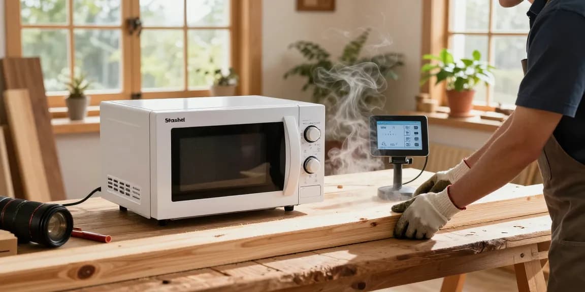 Shashel microwave treatment for wood in eco-friendly workshop.