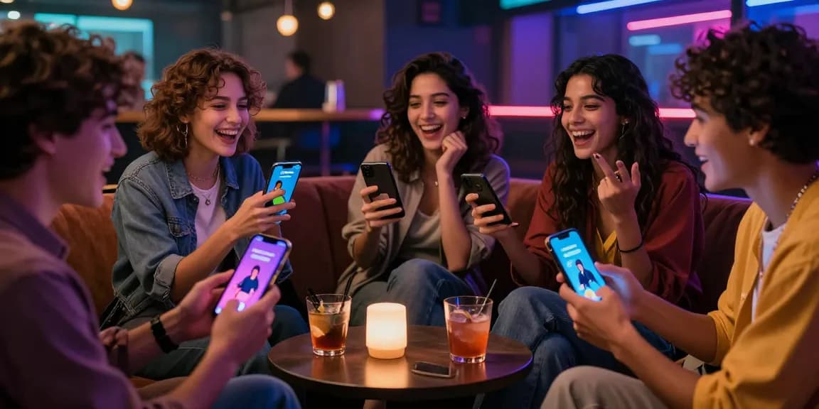 Engaging scene of friends using ai chat nsfw applications in a lively lounge setting with colorful screens and vibrant social dynamics.