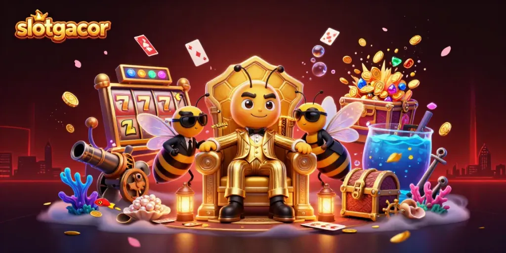 Experience slotgacor dynamics with a colorful 3D casino scene featuring vibrant characters and slot game elements.