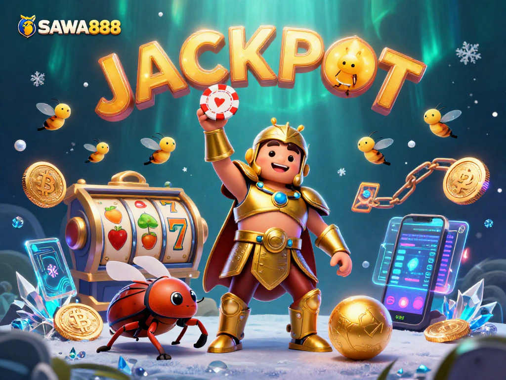 SAWA888 features a victorious beetle lifting a poker chip surrounded by colorful slots and crypto elements.