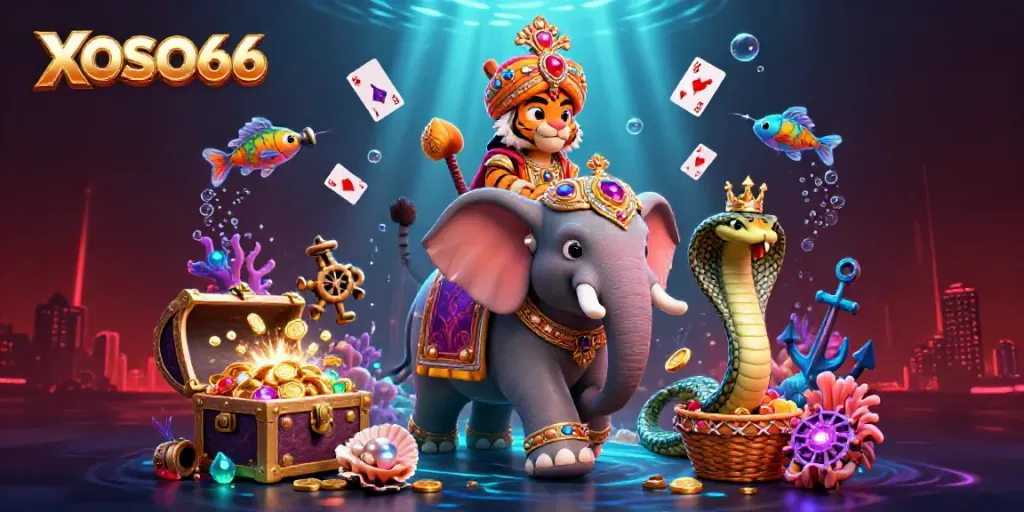 XOSO66 features a vibrant scene with a majestic tiger and elephant amidst casino-themed elements, capturing the excitement of gaming.