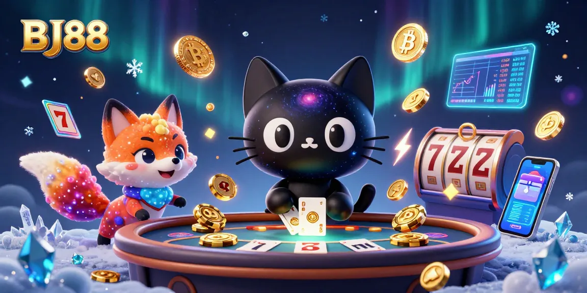 Engage with the thrilling BJ88 casino experience featuring a cosmic-themed illustration of a black hole cat and colorful fox.