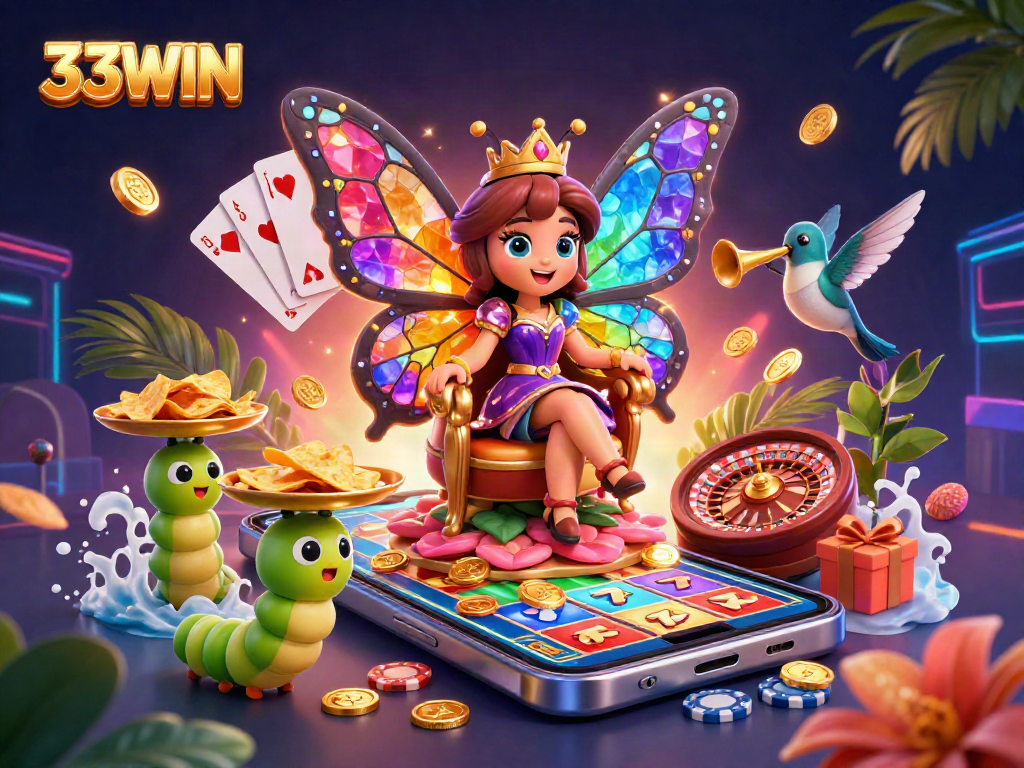 Engage with 33WIN's immersive gaming experience featuring a butterfly queen and animation elements.