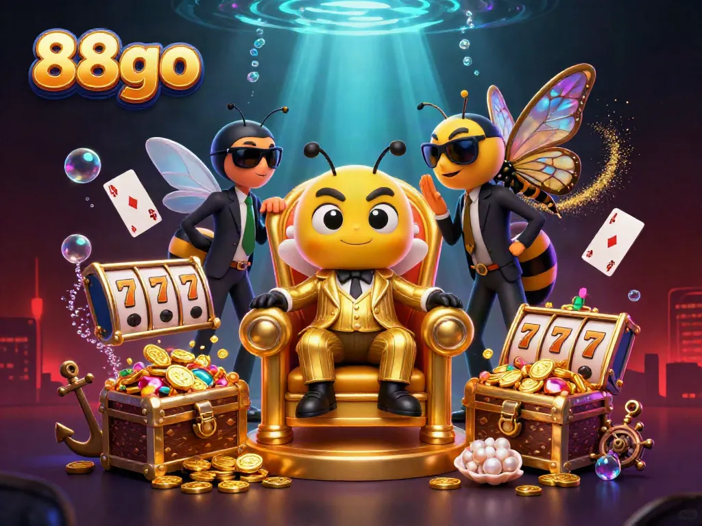 Experience the excitement at 88go with a lively 3D casino scene showcasing a bumblebee mob boss and slot reels.
