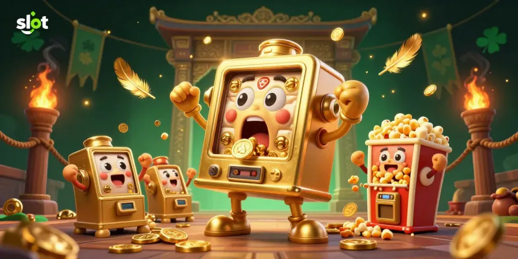 Jackpot action with a golden slot machine pouring coins while baby slots cheer, symbolizing thrilling slot gameplay.