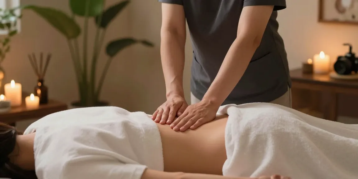 Calming spa scene featuring a therapist providing 영등포출장안마 massage, serene ambiance with candles and soothing elements