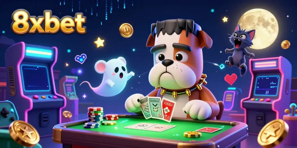 Play the exciting 8xbet gaming experience with a Frankenstein bulldog dealer and friendly ghost!