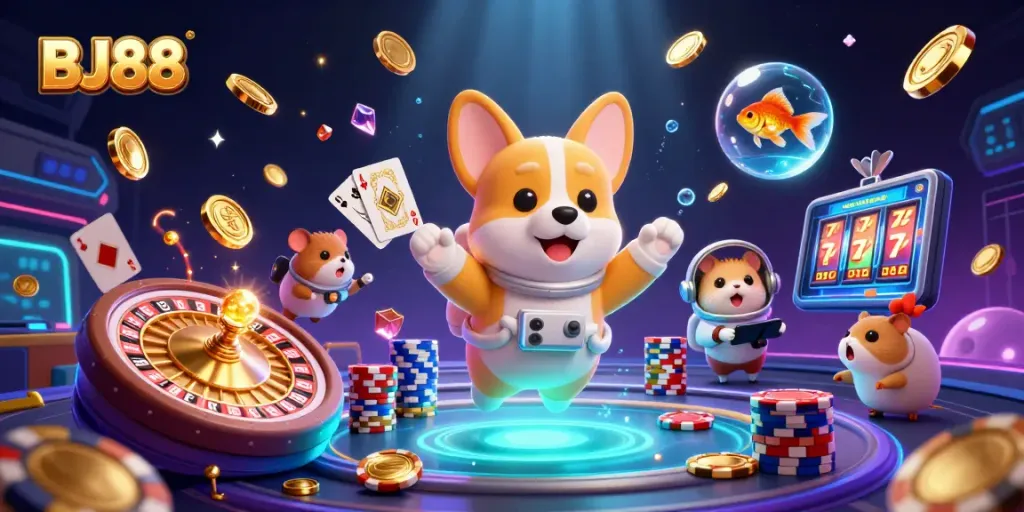 BJ88 offers exciting casino adventures with a 3D cartoon astronaut corgi, floating poker chips, and captivating game elements