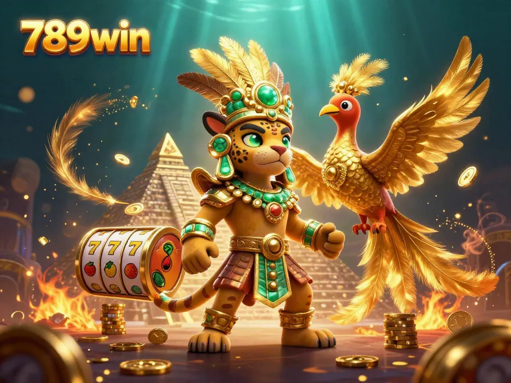 Experience the thrill of 789win with dynamic Mayan casino imagery including reels, coins, and vibrant characters.