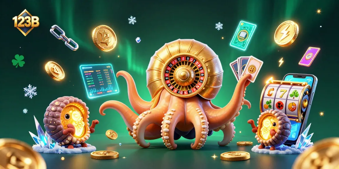 Engage with 123B's vibrant casino scene featuring a giant nautilus roulette wheel and glowing crypto coins.