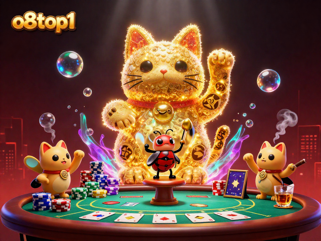 o8top1 showcases a dynamic casino scene with golden fireflies, poker elements, and vivid casino symbols.