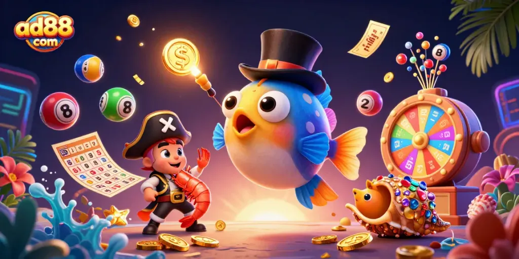Engage with ad88 com's thrilling lottery vibes featuring lively characters, dynamic colorful elements, and exuberant prizes.