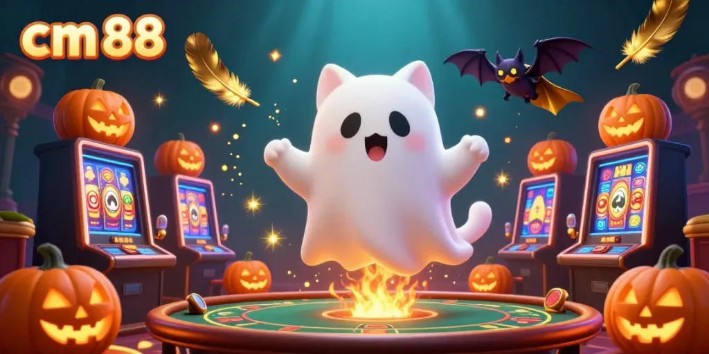 Experience cm 88's thrilling atmosphere with a ghost cat and vampire bat in a vibrant casino scene.