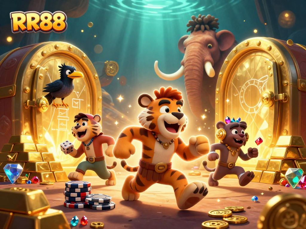 Experience thrilling gameplay at RR88 with a dynamic 3D casino scene featuring vibrant treasures.