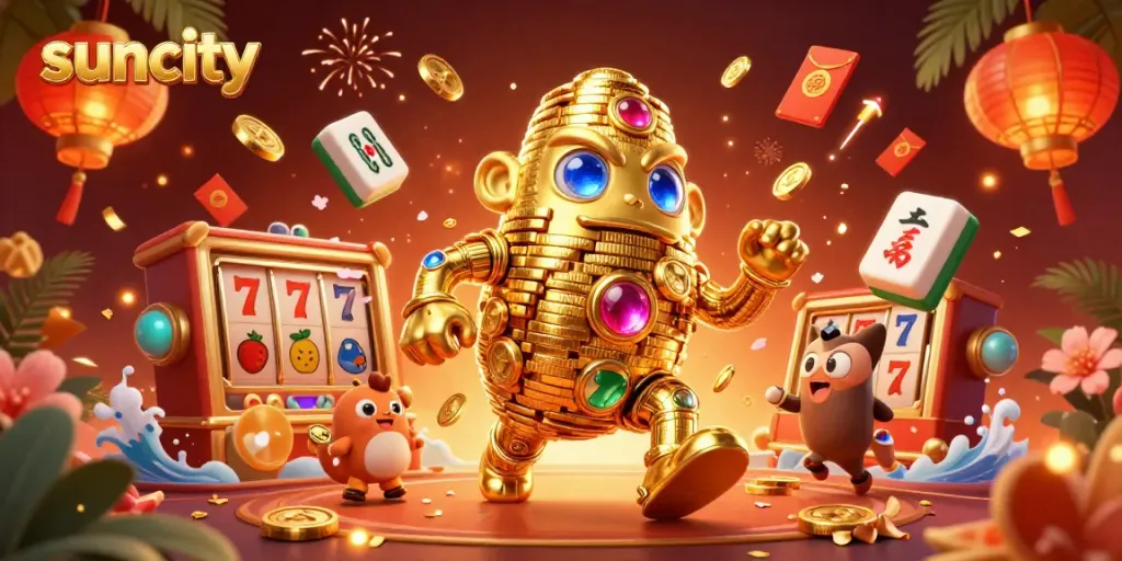 Engage in the excitement of suncity with a dynamic 3D illustration featuring a golden golem amidst vibrant gambling elements.
