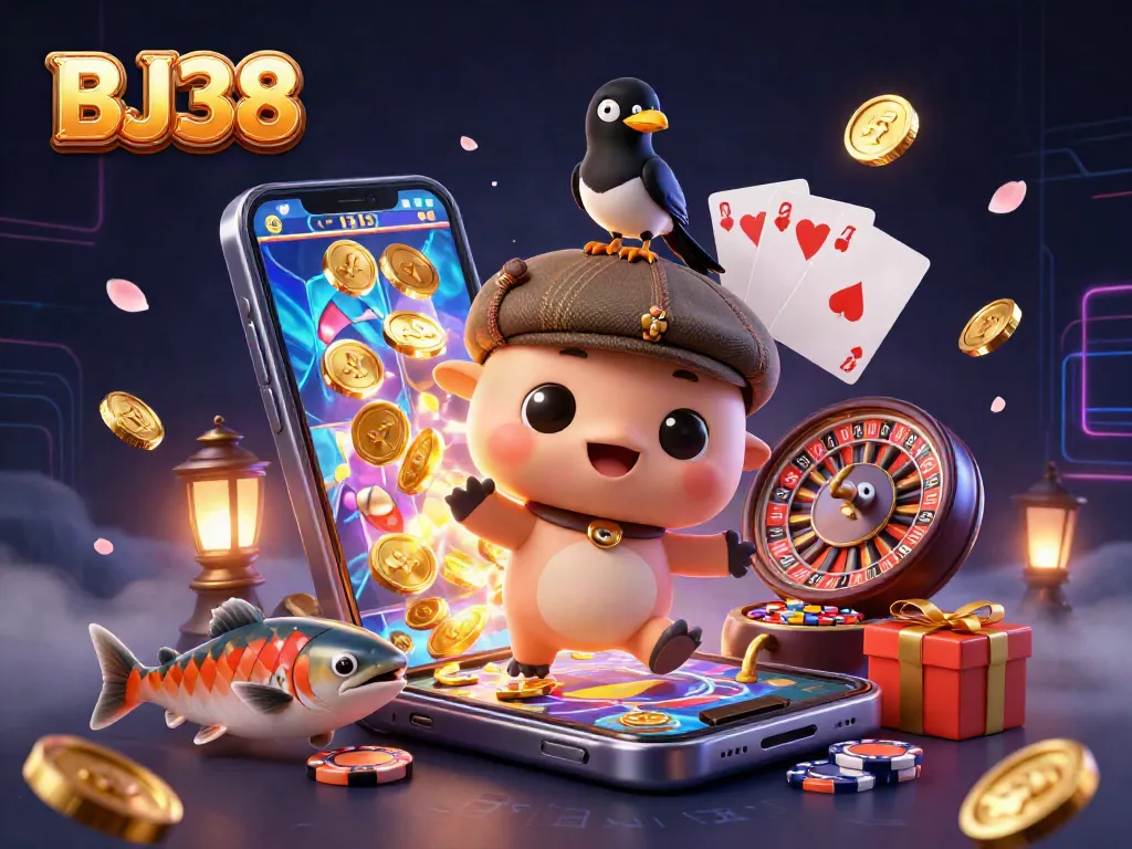 BJ38 showcases a playful scene with Nessie and a magpie amidst dynamic slot game elements, emphasizing exciting gameplay.