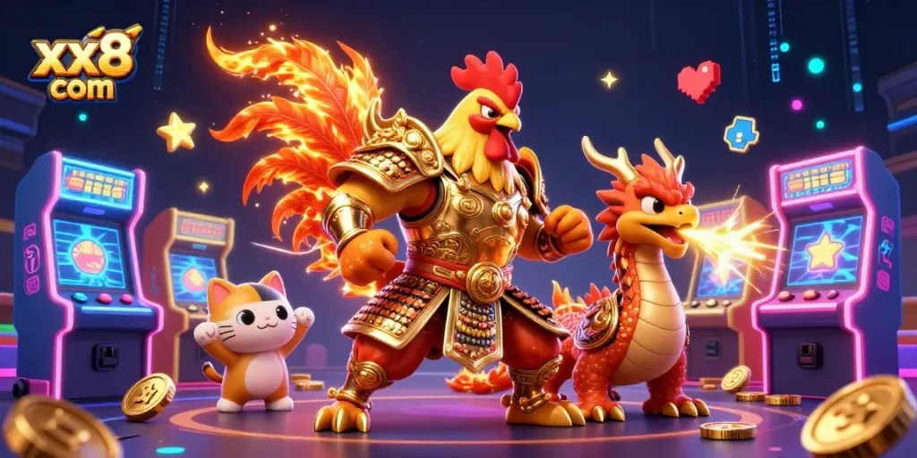 Engage with xx8 com's vibrant casino scene featuring warrior characters and arcade elements.