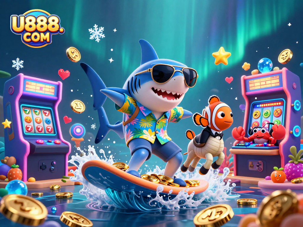 Engage with thrilling gambling at U888. COM featuring a vibrant underwater casino scene with characters and games.
