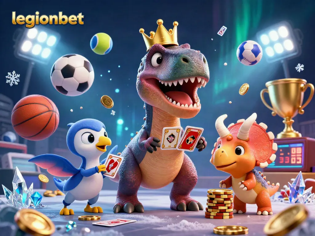 Experience the thrill of action with legionbet as a T-Rex shuffles cards and friends stack winning chips.