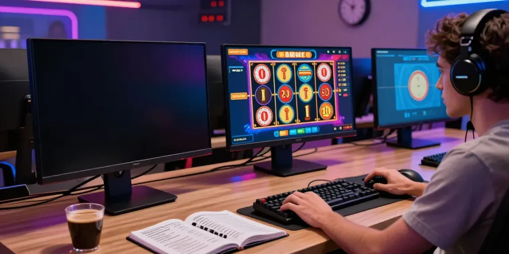 Pengguna bermain slot gacor online dengan antusias di meja komputer.